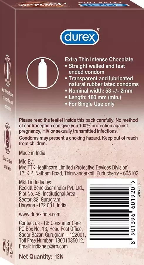 Durex Extra Thin Intense Chocolate Condoms 12 pack box