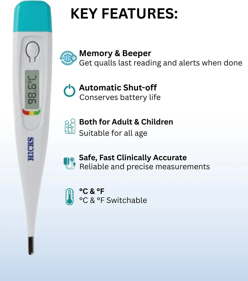 Hicks DMT 102 Digital Thermometer White - clinical thermometer with flexible tip and LCD display
