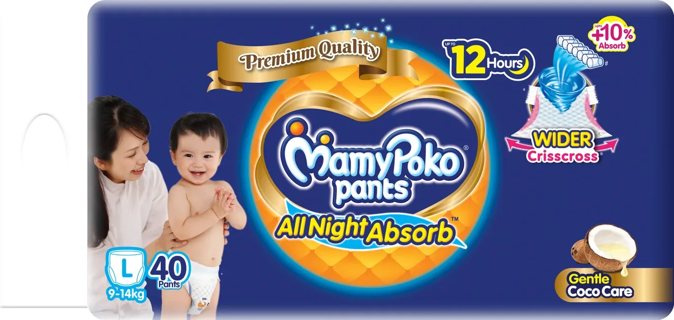 MamyPoko Baby Diapers All Night Absorb L size 40 pack with Coco Care and 12hr leakage protection