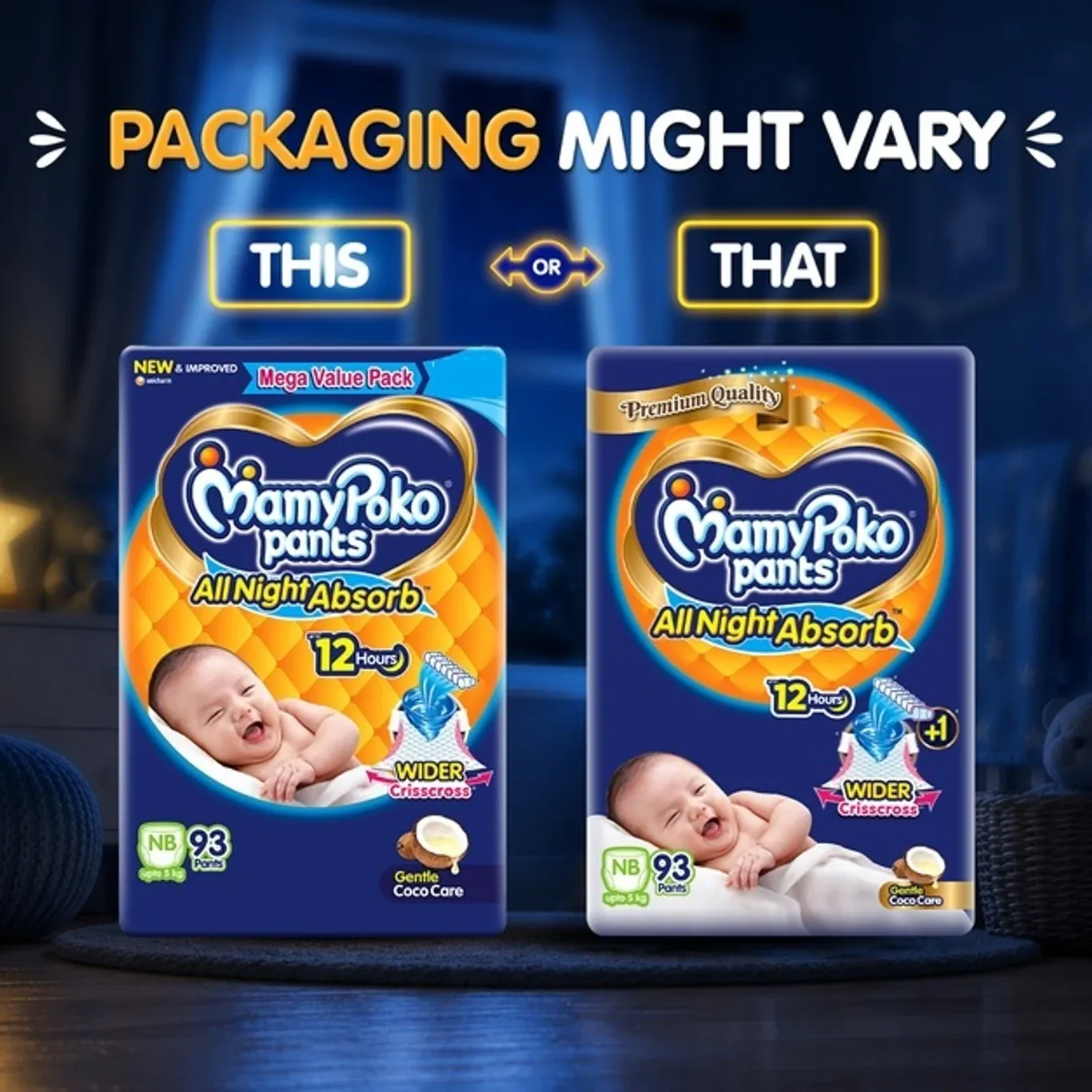 MamyPoko Baby Diapers All Night Absorb NB 93 Pcs pack front view