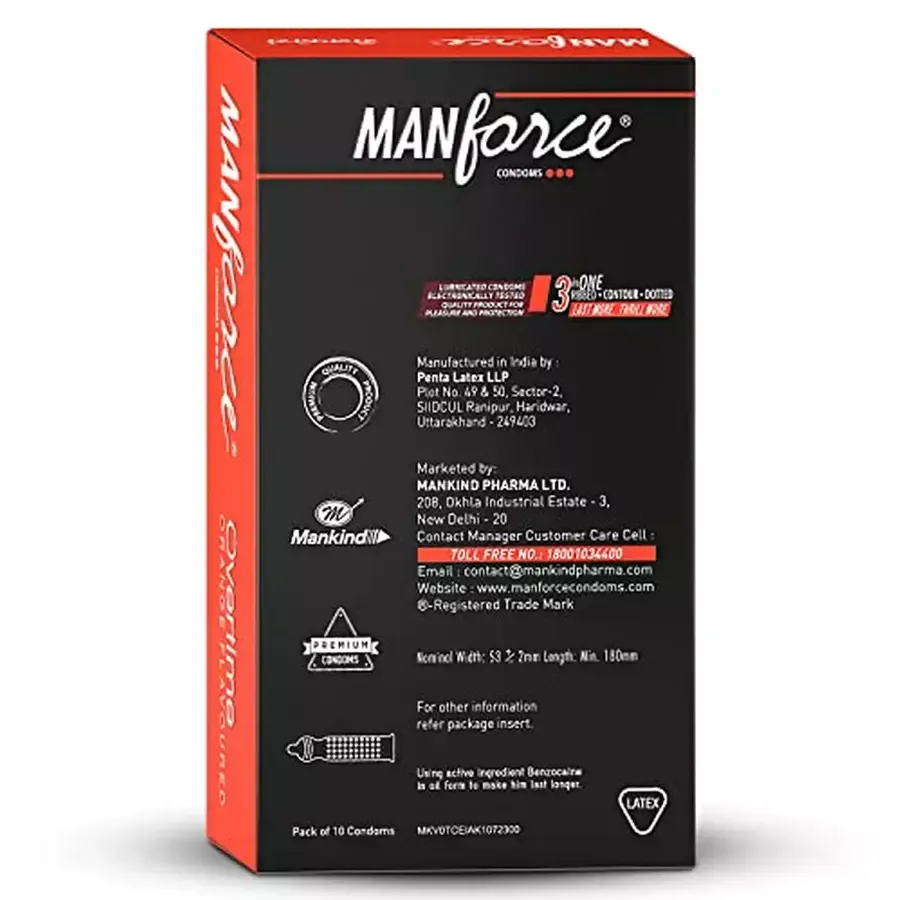 Manforce Overtime Orange 3In1 Ribbed Contour Dotted Condoms Pack of 10