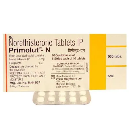 Primolut-N 5 mg norethisterone tablet strip and box