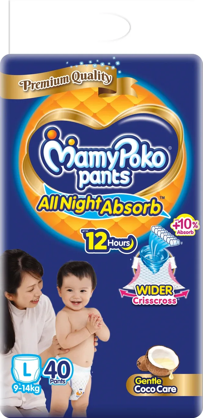 MamyPoko Baby Diapers All Night Absorb, Coco Care & 12hr Leakage Protection - L (Up To 9-14 kg) 40 Pcs