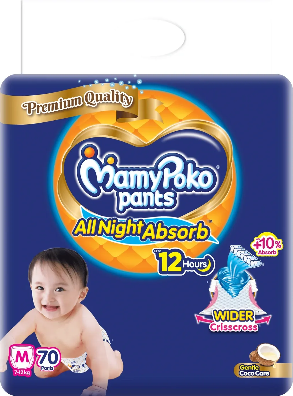 MamyPoko Baby Diapers All Night Absorb, Coco Care & 12hr Leakage Protection - M (Up To 7-12 kg) 70 Pcs
