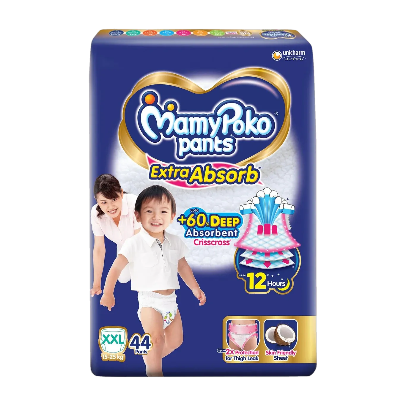 MamyPoko Baby Diapers All Night Absorb, Coco Care & 12hr Leakage Protection - XXL (Up To 15-25 kg) 44 Pcs
