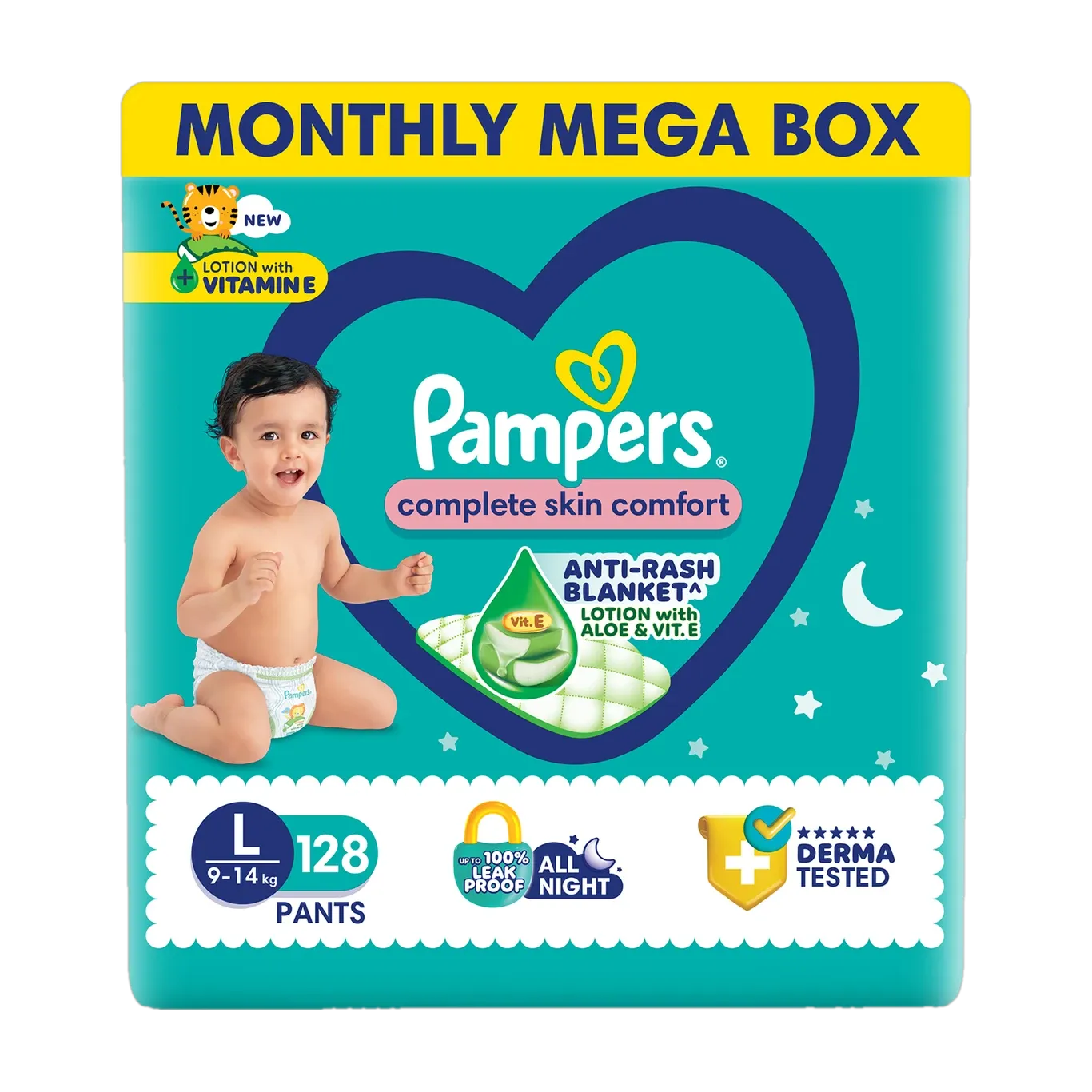 Pampers Complete Skin Comfort Pants, Anti-rash blanket, Lotion with VitaminE & Aloe Vera - L (Up To 9-14 kg) 128 pcs