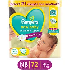 Pampers New Baby Premium Taped Diapers - NB, (Up To 5 kg) 72 pcs
